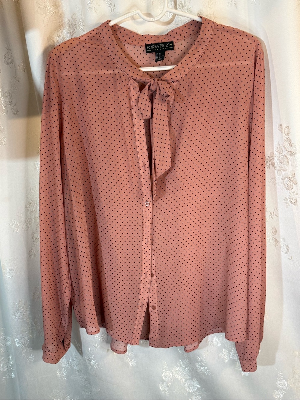 Forever 21 Plus Rose Pink Polka Dot Tie-Neck Blouse